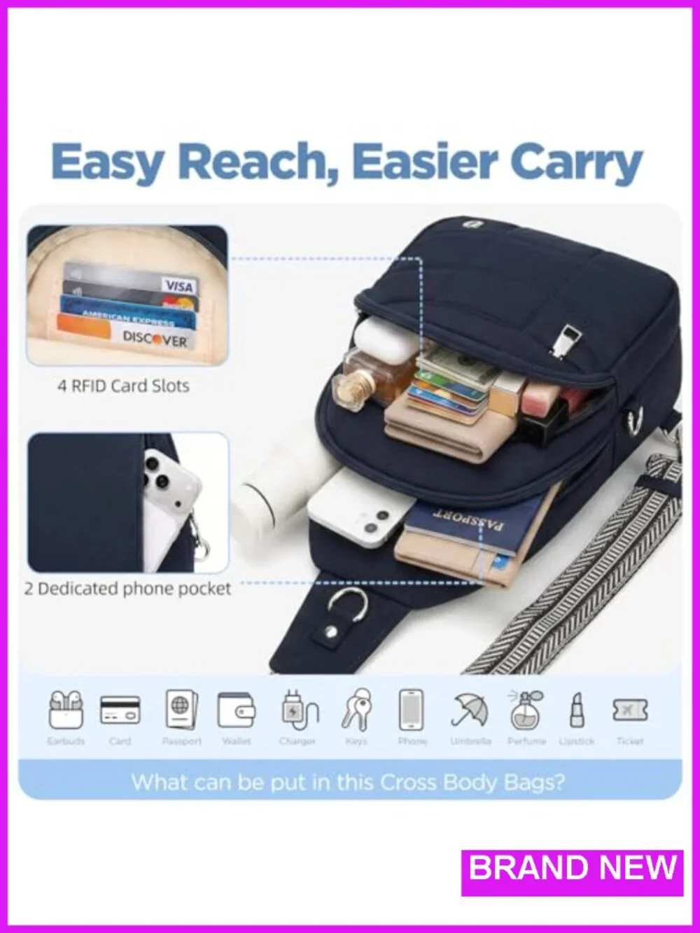 Anti Theft Sling Bag with RFID Protection Nylon Lightweight 6 Pockets